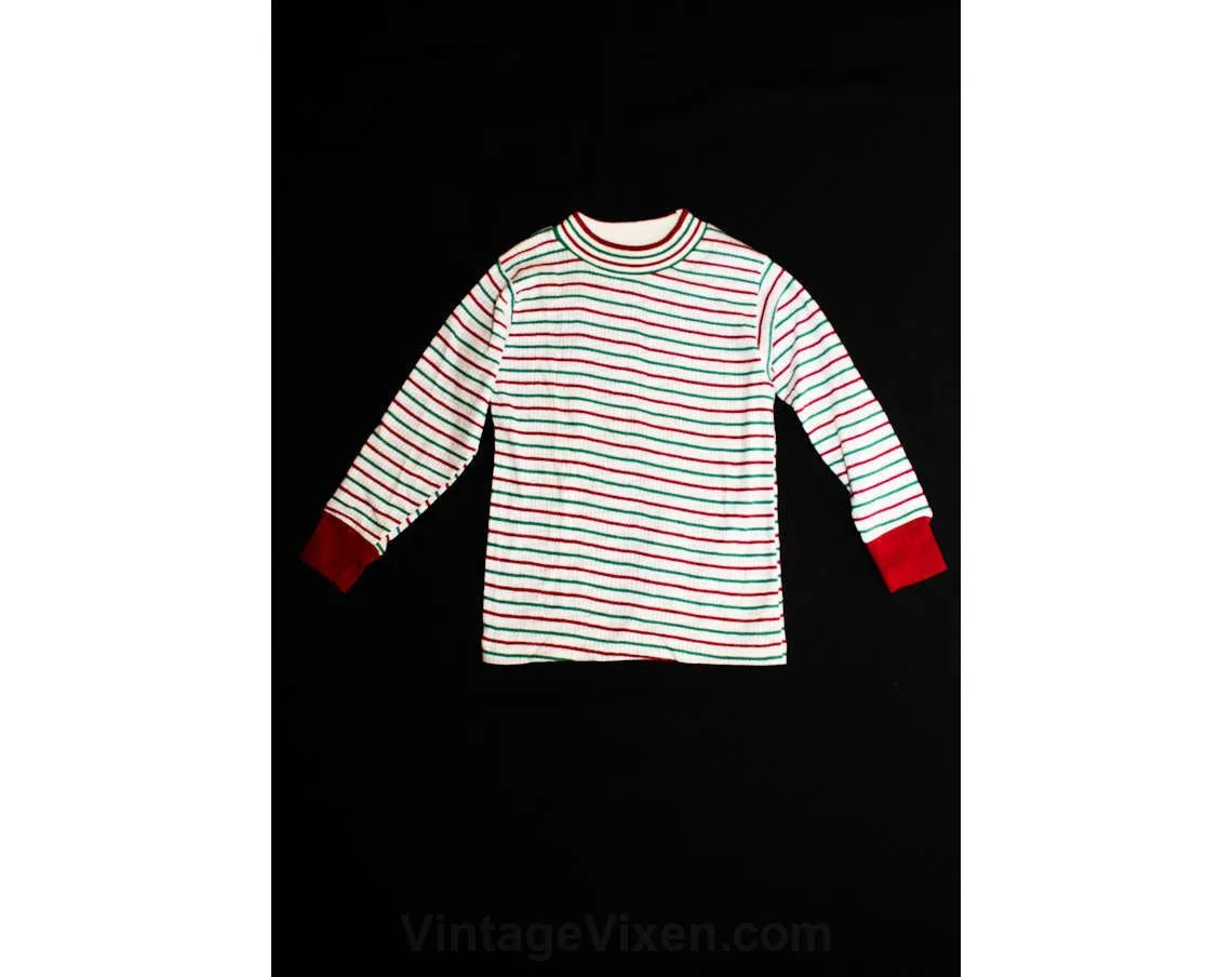 1960s Girls Shirt - Size 7 - Green & Maroon Striped Long Sleeved Crew Neck Tee - Deadstock - Fall 60s Retro Childrens Top - 37027-1
