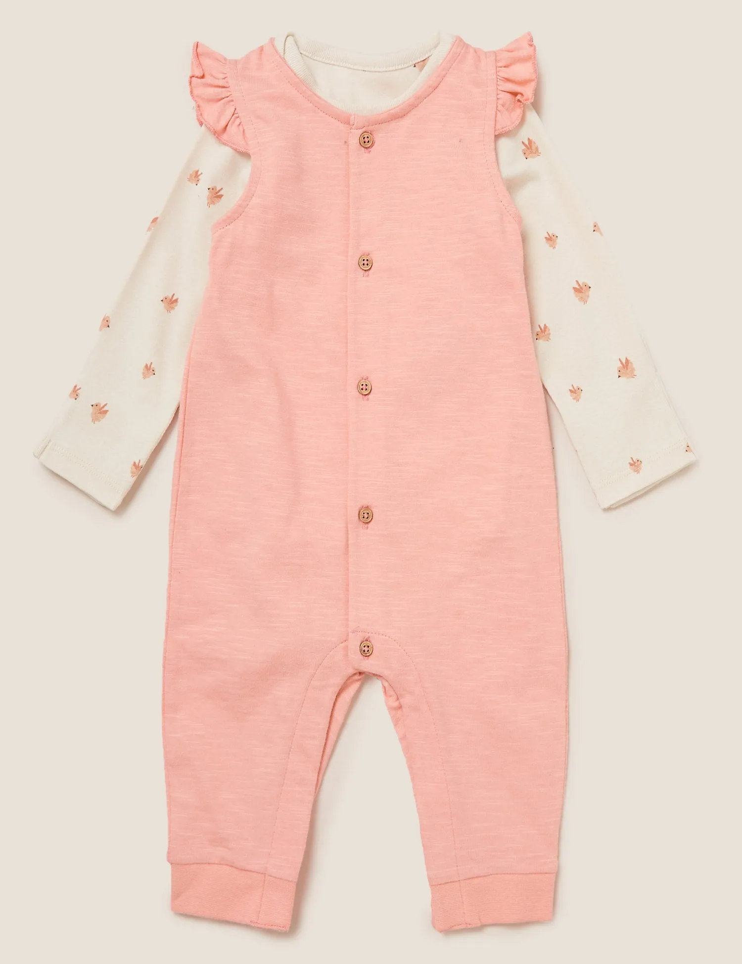 2pc Pure Cotton Bird Print Dungaree Outfit