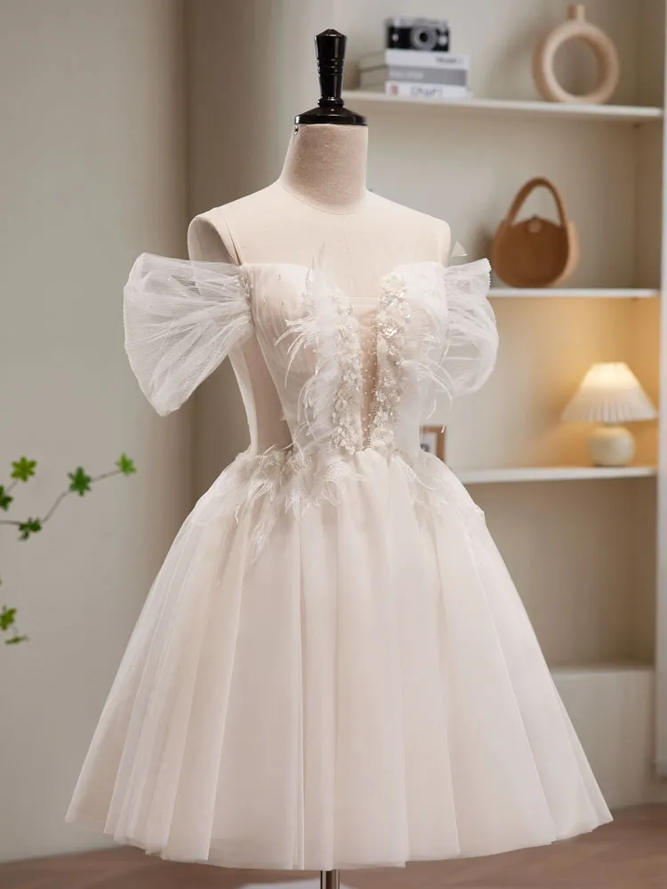 A-Line Off Shoulder Tulle Short Beige Prom Dress, Cute Homecoming Dress
