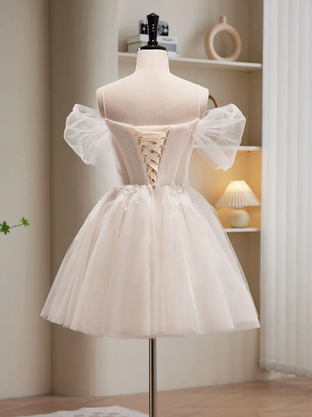 A-Line Off Shoulder Tulle Short Beige Prom Dress, Cute Homecoming Dress
