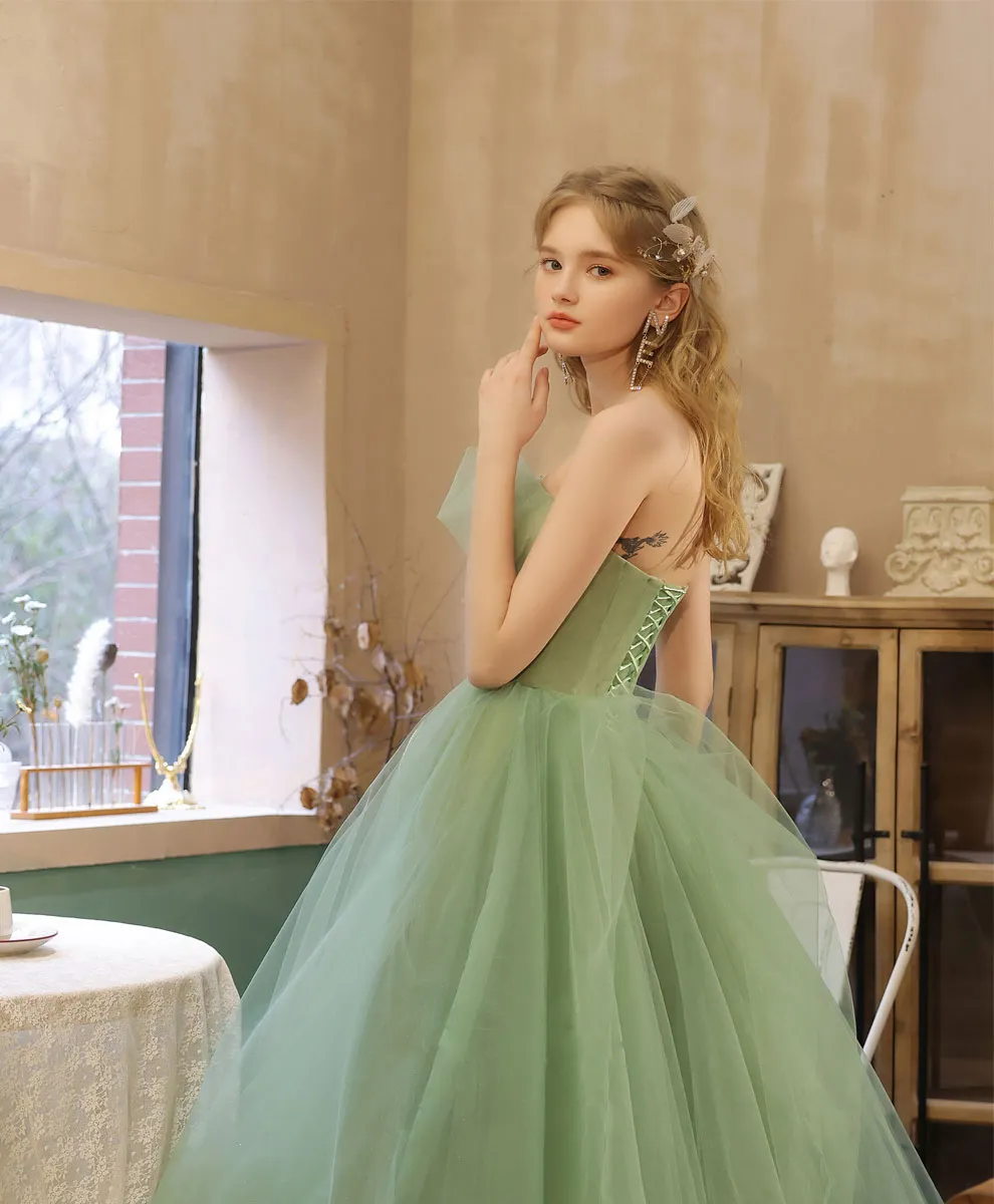 Aline Tulle Tea Length Green Prom Dress, Green Puffy Homecoming Dresses with Lace Applique Beading