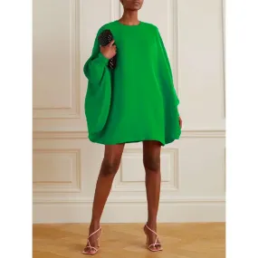 Amozae-Women Batwing Sleeves Long Sleeves Solid Color Round-neck Mini Dresses Casual Short Dresses