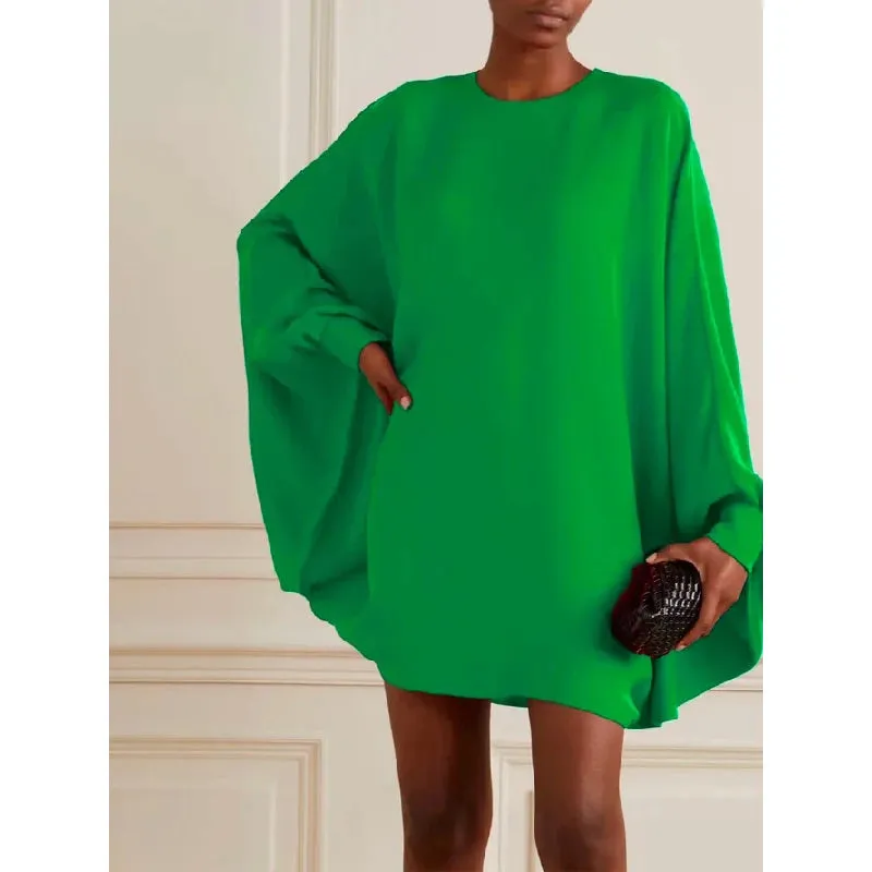Amozae-Women Batwing Sleeves Long Sleeves Solid Color Round-neck Mini Dresses Casual Short Dresses
