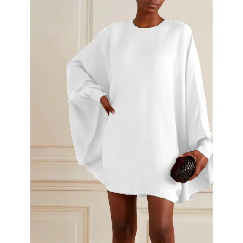 Amozae-Women Batwing Sleeves Long Sleeves Solid Color Round-neck Mini Dresses Casual Short Dresses