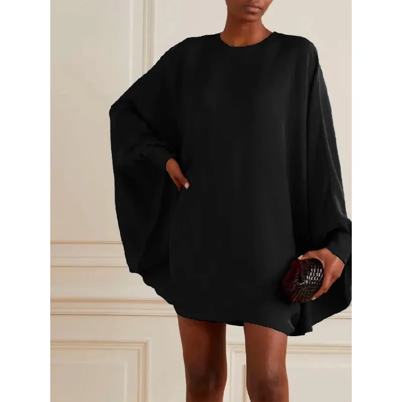 Amozae-Women Batwing Sleeves Long Sleeves Solid Color Round-neck Mini Dresses Casual Short Dresses