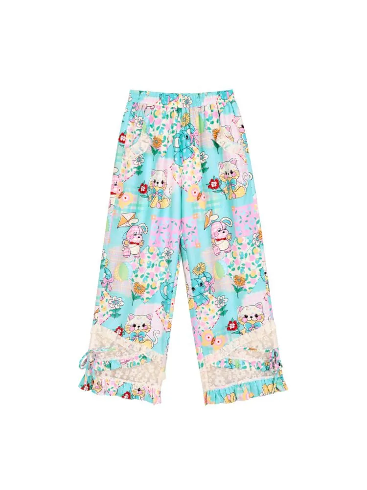 Animal Print Splicing Lace Elastic Waist Loose Wide Leg Trousers【s0000009070】