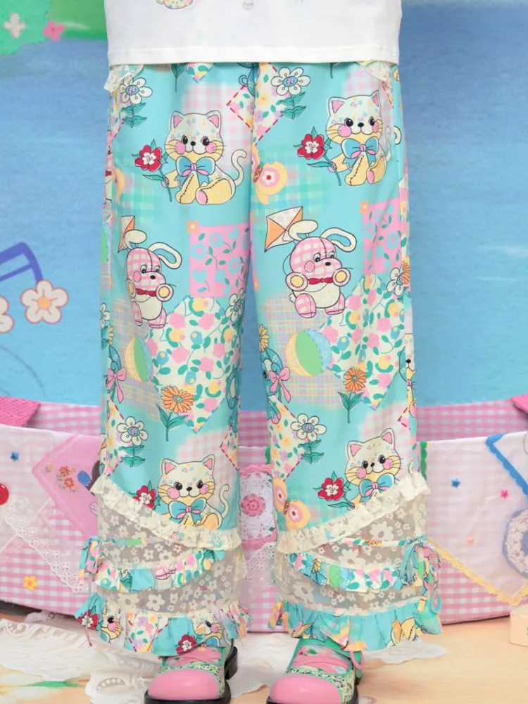 Animal Print Splicing Lace Elastic Waist Loose Wide Leg Trousers【s0000009070】