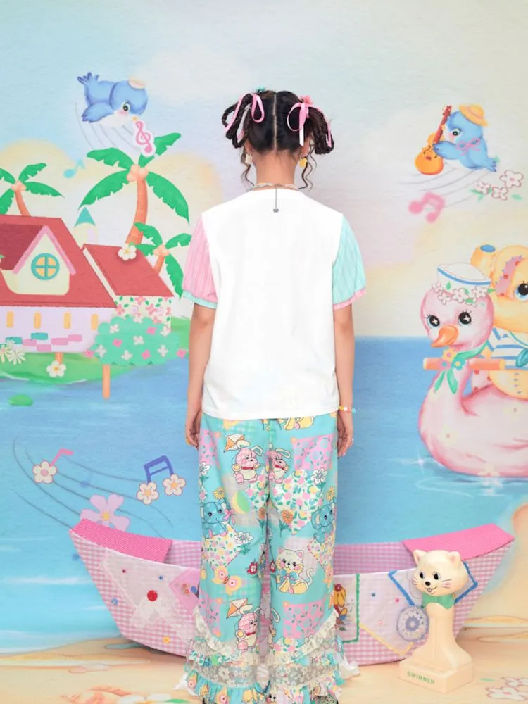 Animal Print Splicing Lace Elastic Waist Loose Wide Leg Trousers【s0000009070】