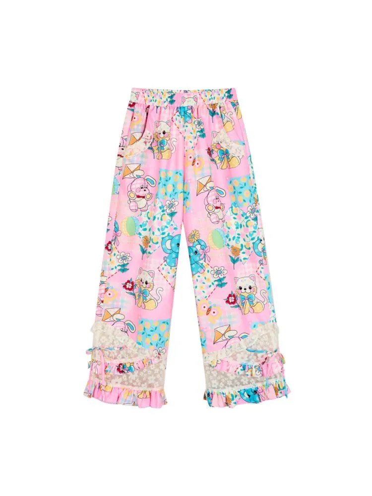 Animal Print Splicing Lace Elastic Waist Loose Wide Leg Trousers【s0000009070】