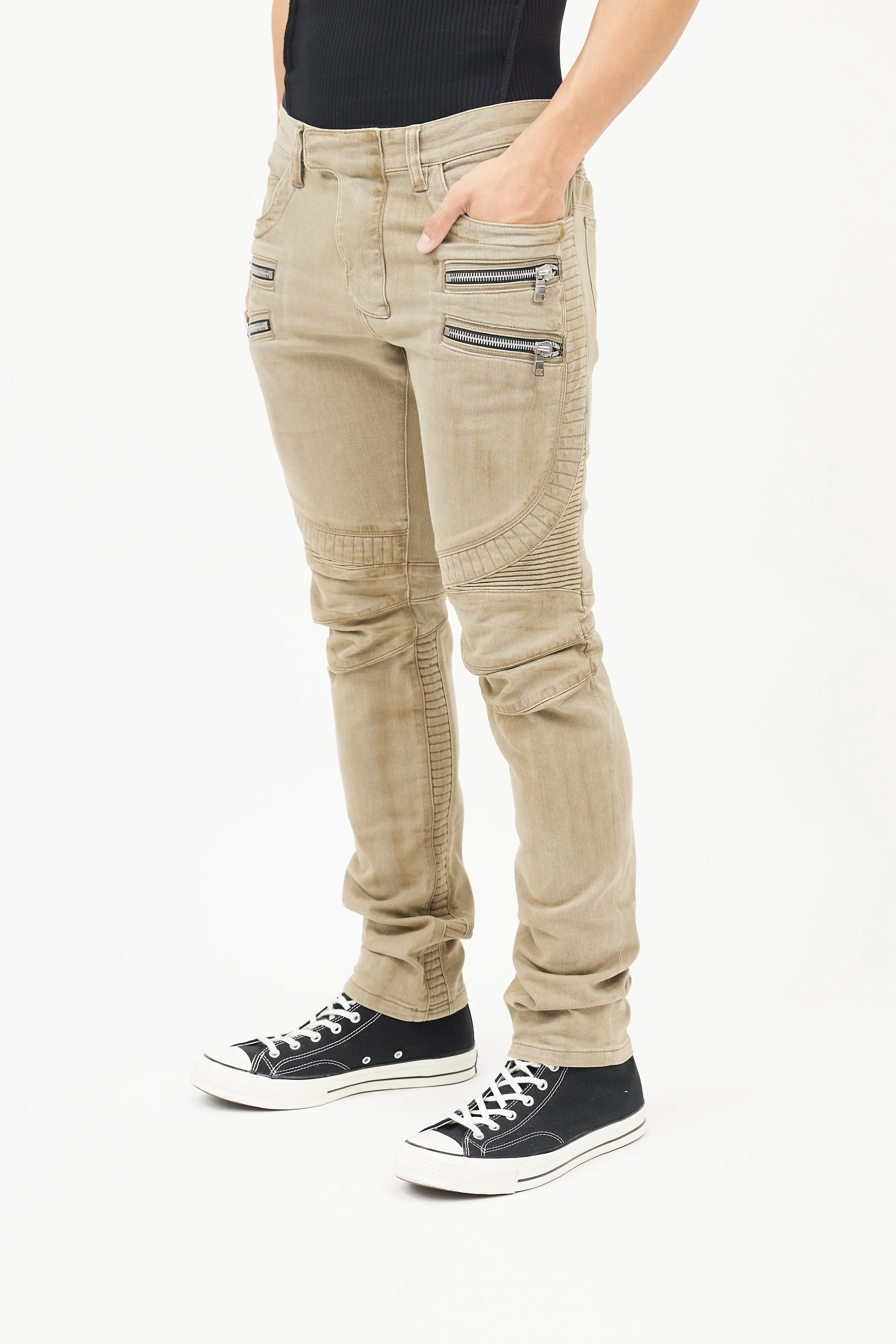 Beige Cotton Exposed Zip Jeans