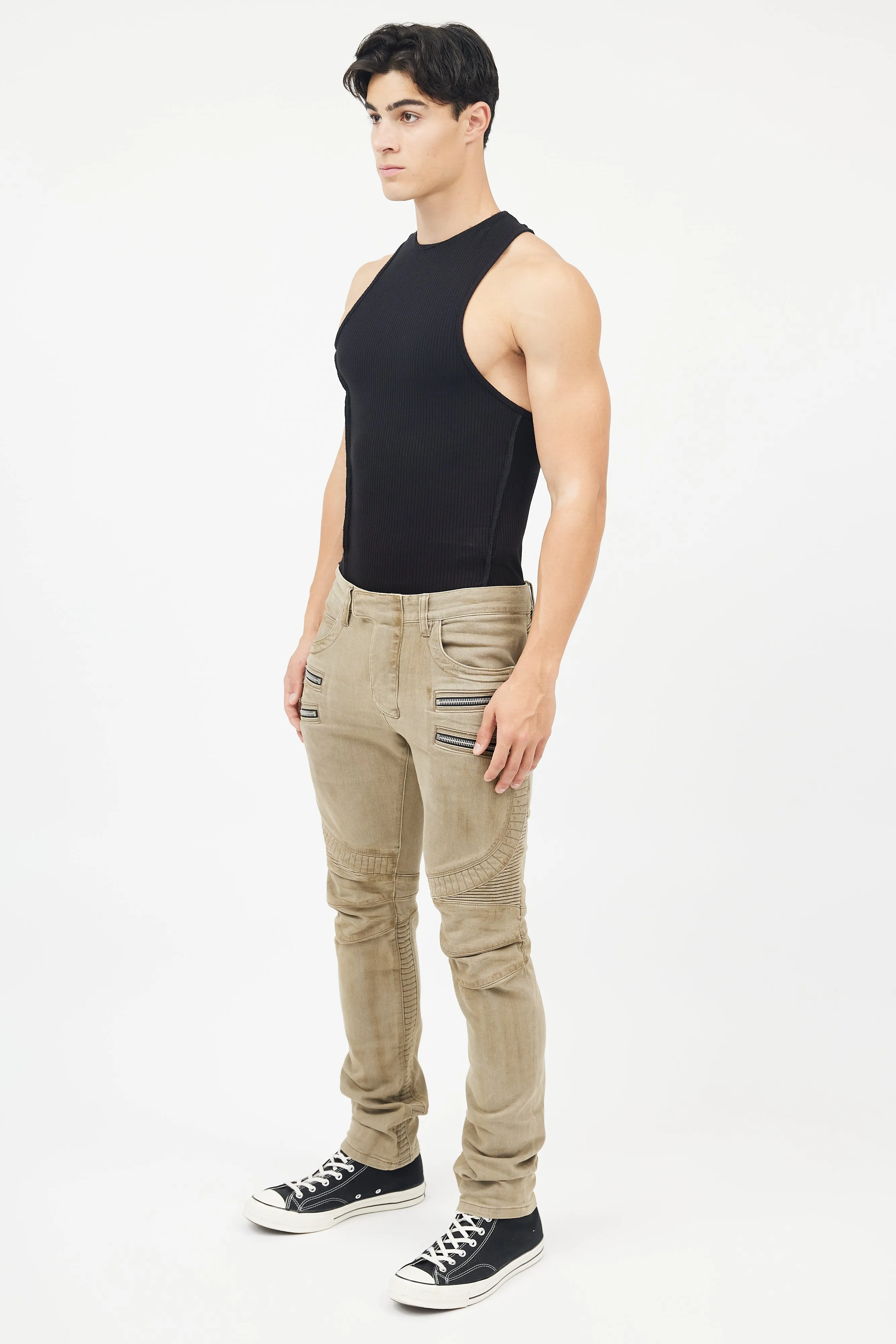 Beige Cotton Exposed Zip Jeans