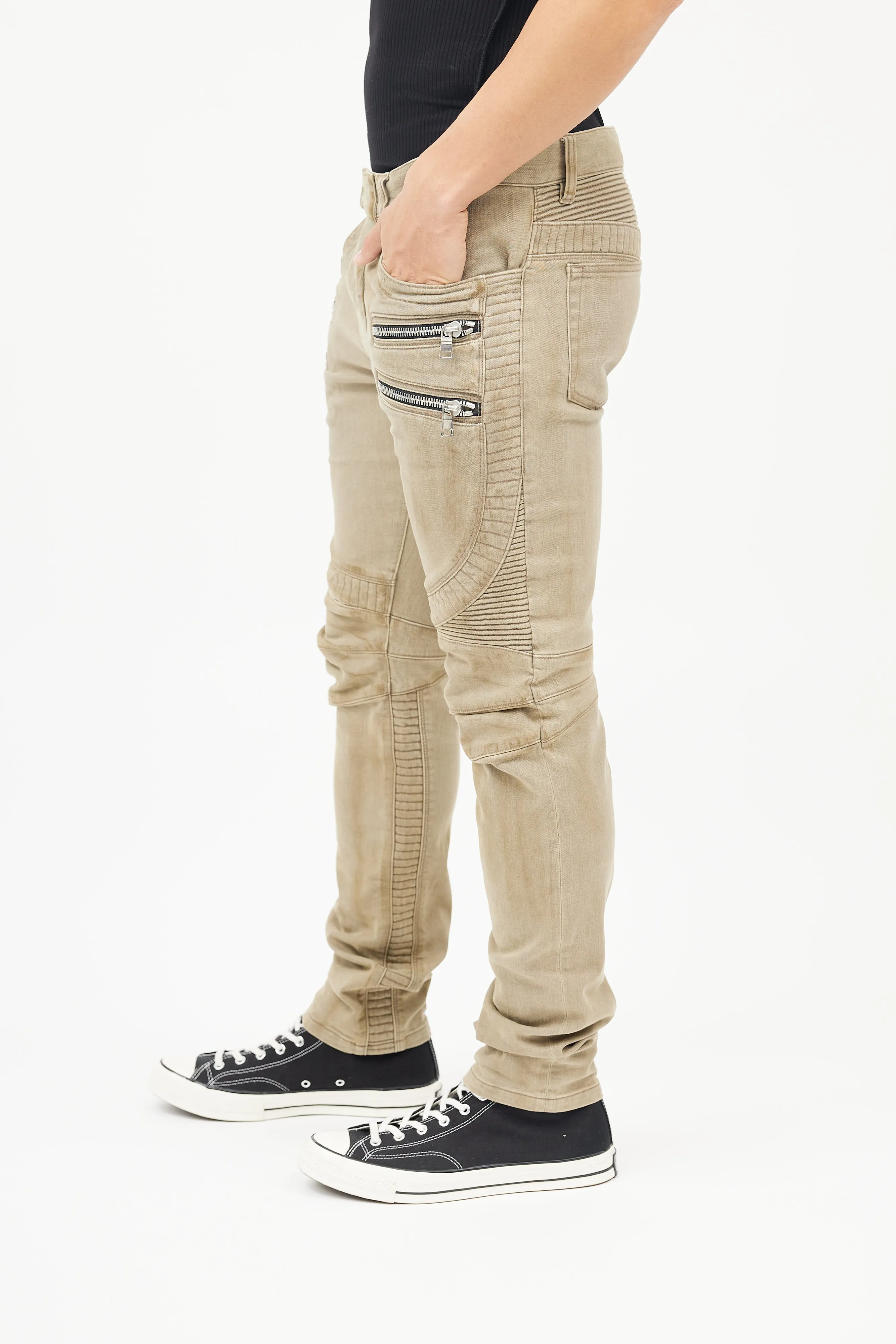 Beige Cotton Exposed Zip Jeans