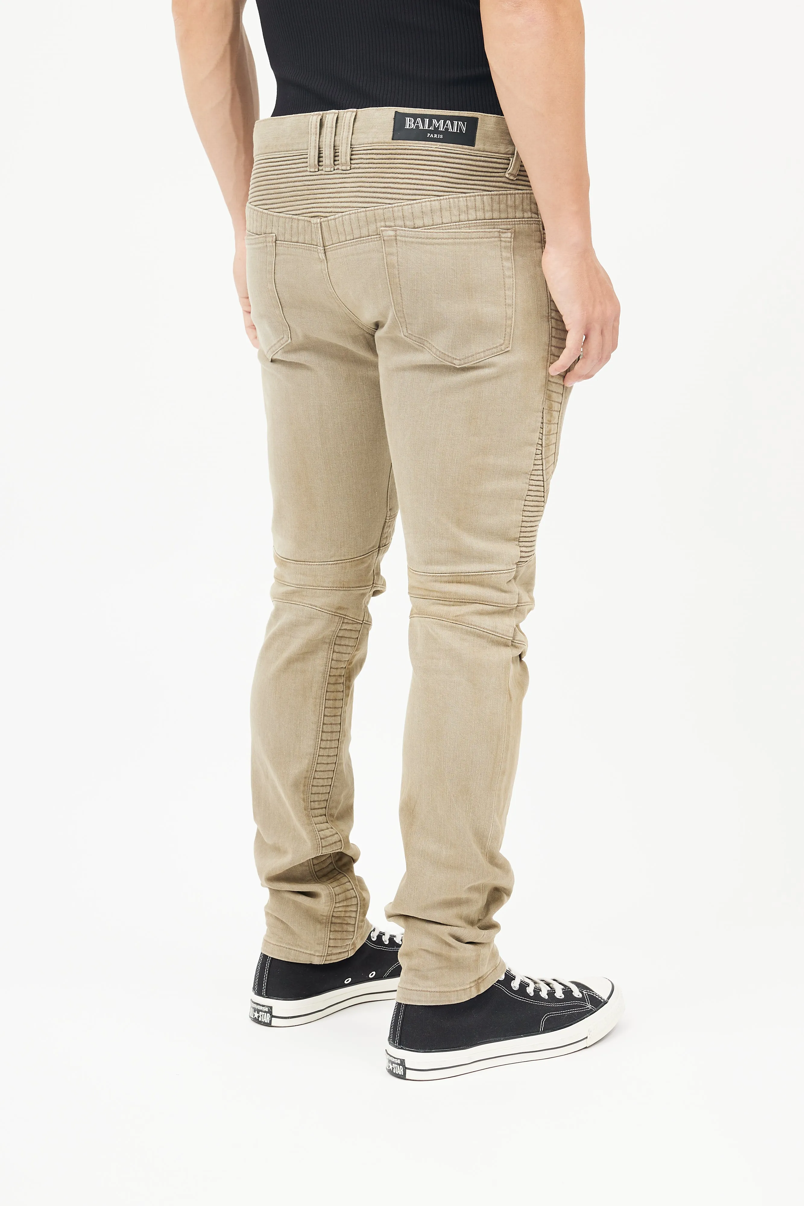 Beige Cotton Exposed Zip Jeans