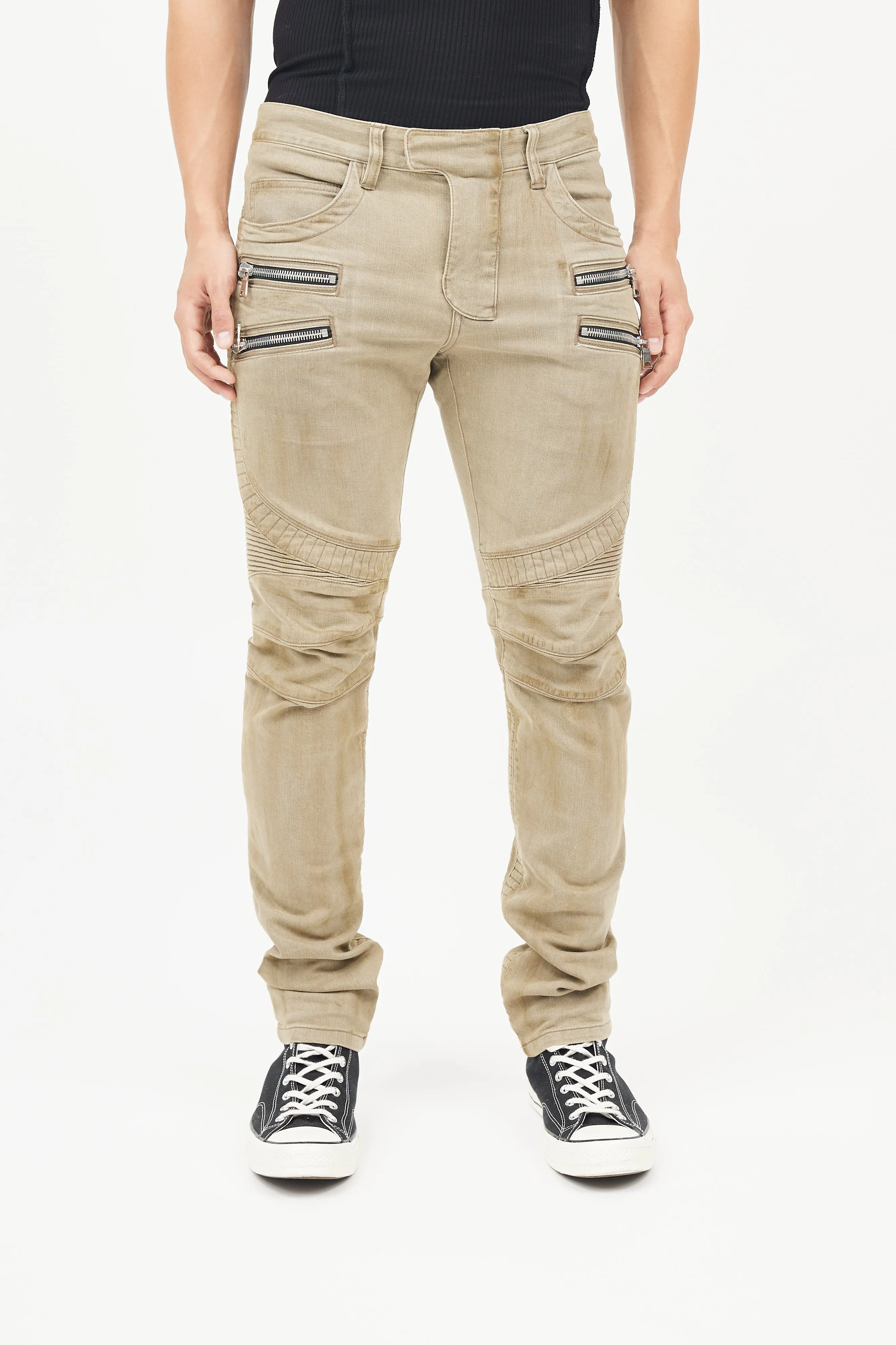 Beige Cotton Exposed Zip Jeans