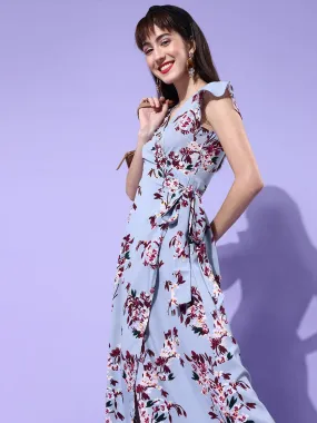 Berrylush Womens Blue & Red Floral Print Side Tie-Up Wrap Maxi Dress