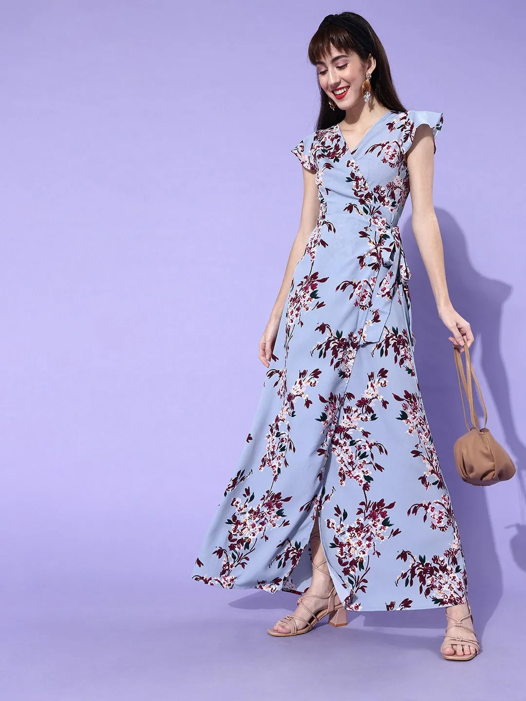 Berrylush Womens Blue & Red Floral Print Side Tie-Up Wrap Maxi Dress