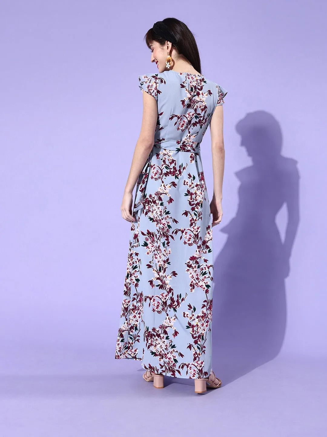 Berrylush Womens Blue & Red Floral Print Side Tie-Up Wrap Maxi Dress