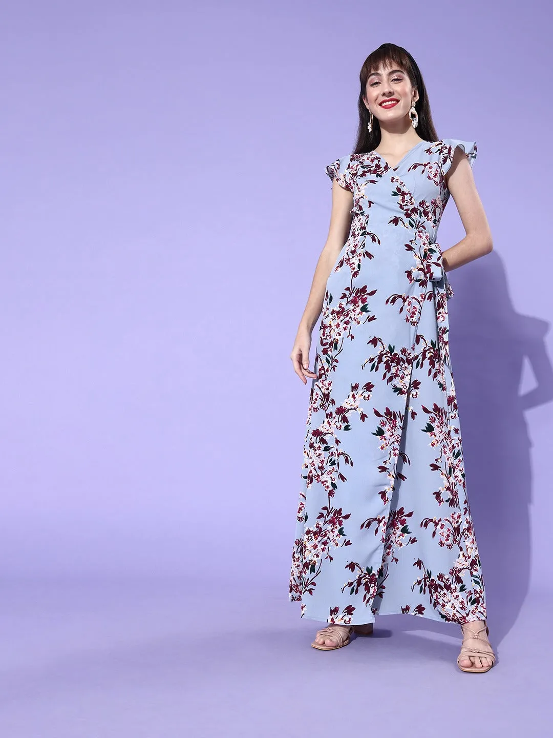 Berrylush Womens Blue & Red Floral Print Side Tie-Up Wrap Maxi Dress