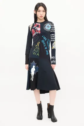 Black & Multicolour Regenerated Graphic Midi Dress
