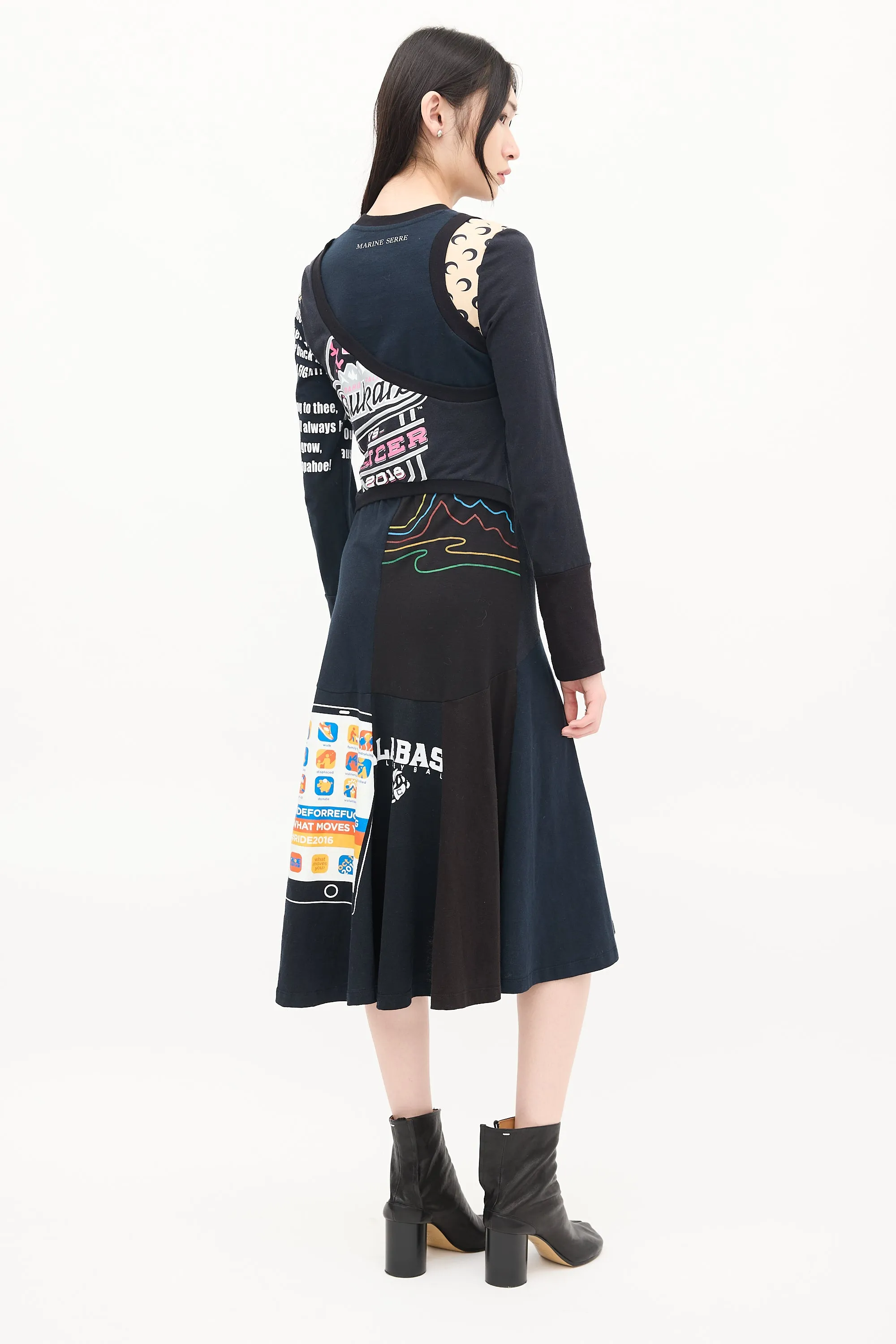 Black & Multicolour Regenerated Graphic Midi Dress