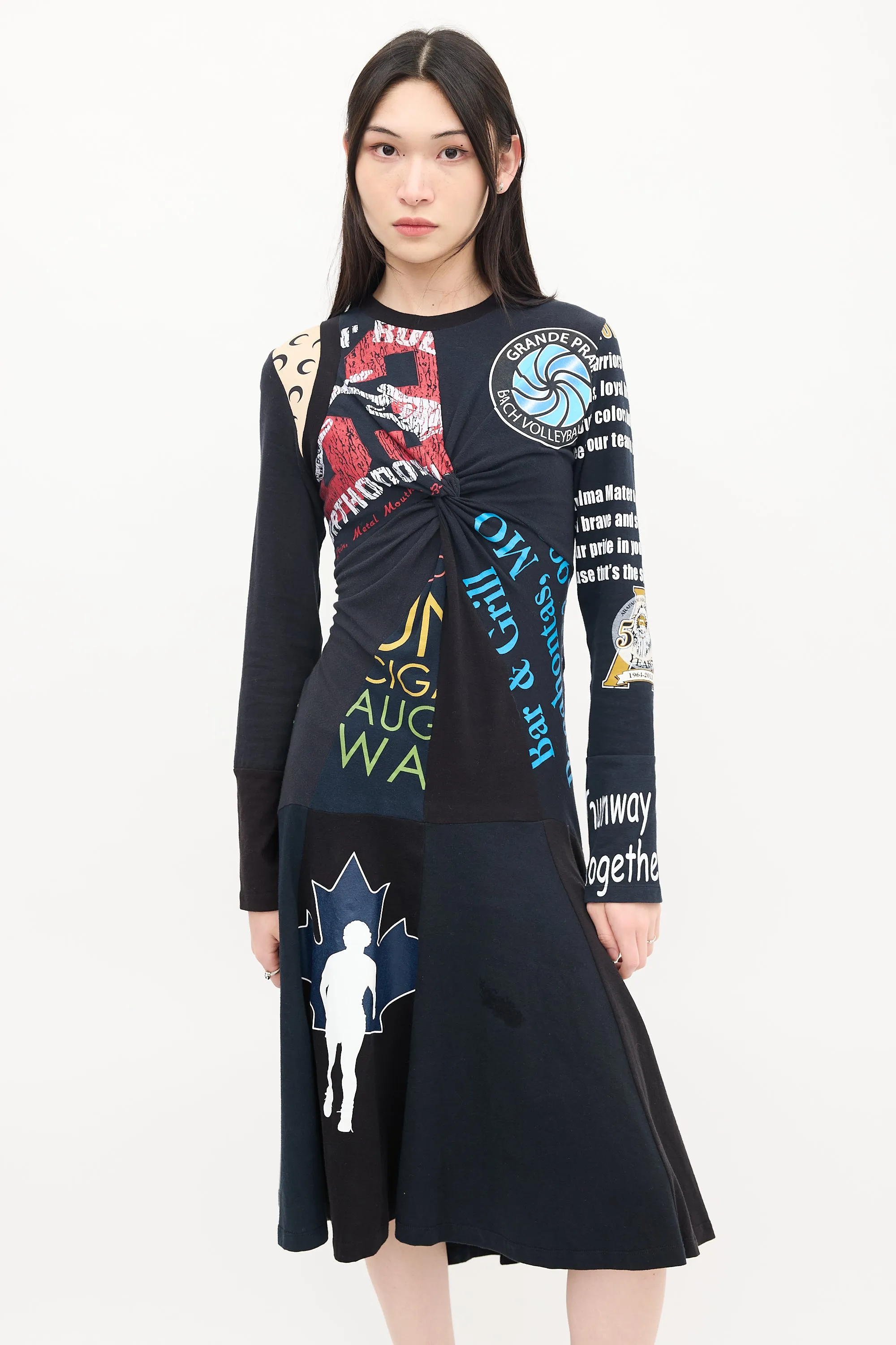 Black & Multicolour Regenerated Graphic Midi Dress
