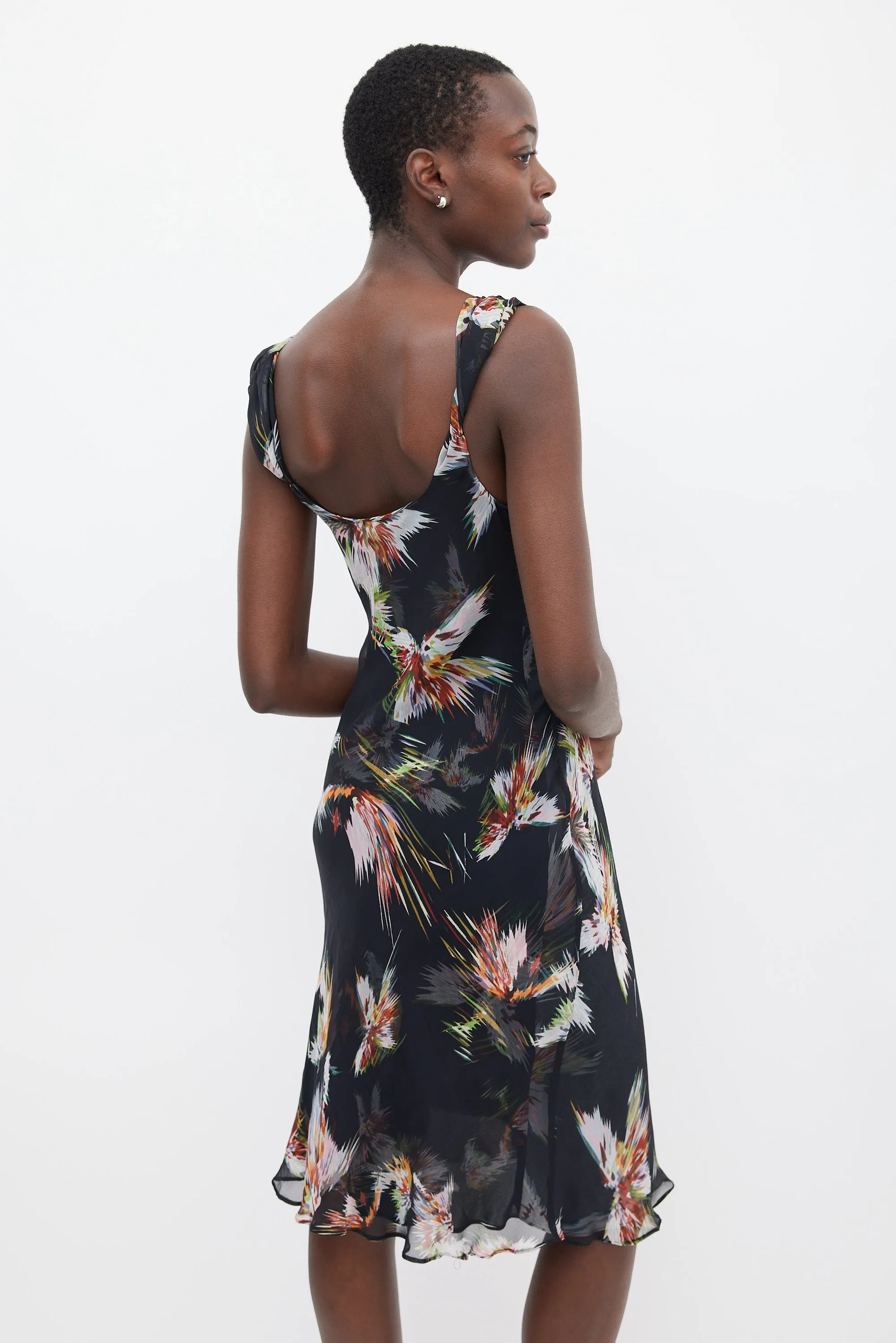 Black & Multicolour Silk Printed Sheer Dress