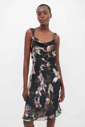 Black & Multicolour Silk Printed Sheer Dress