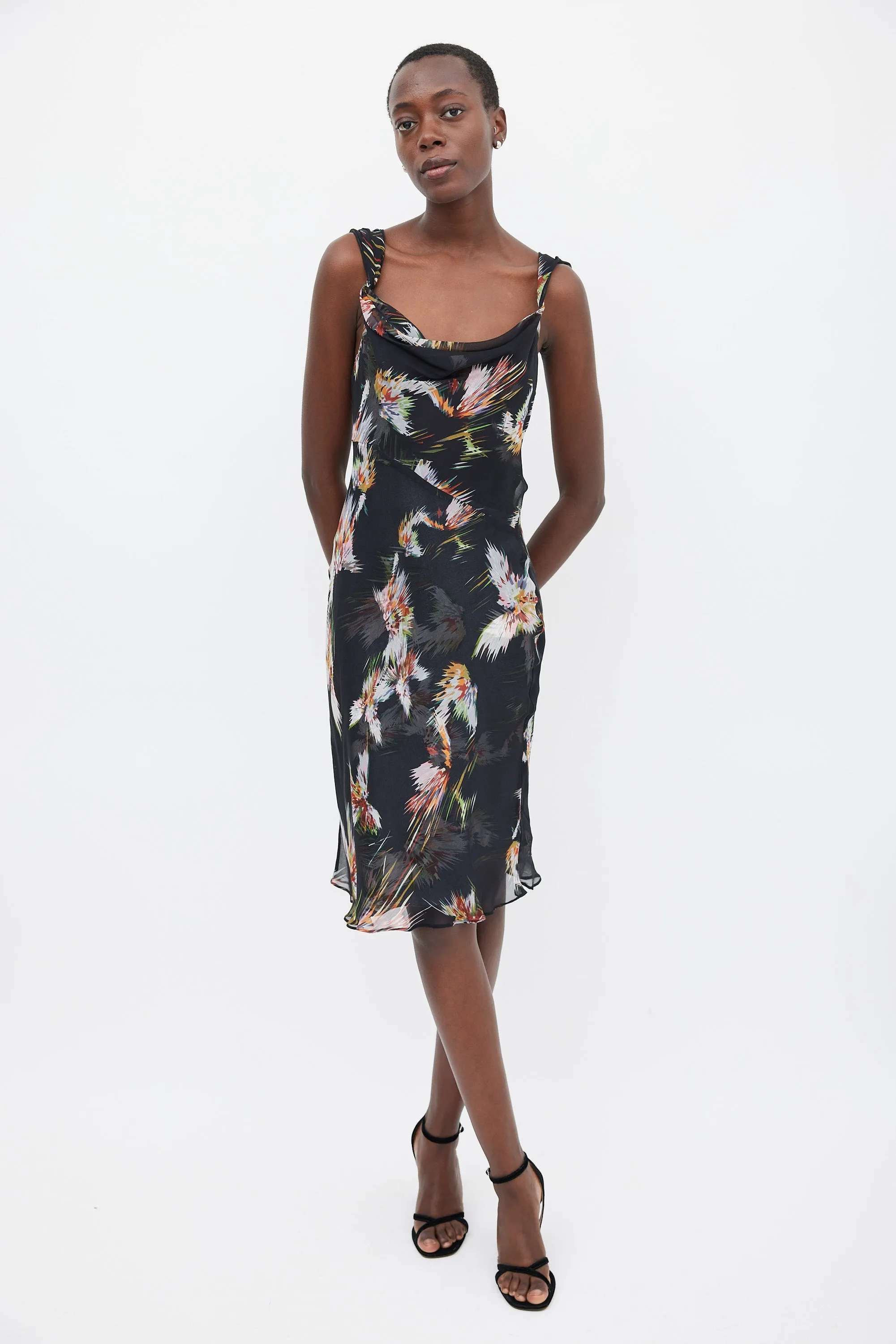 Black & Multicolour Silk Printed Sheer Dress