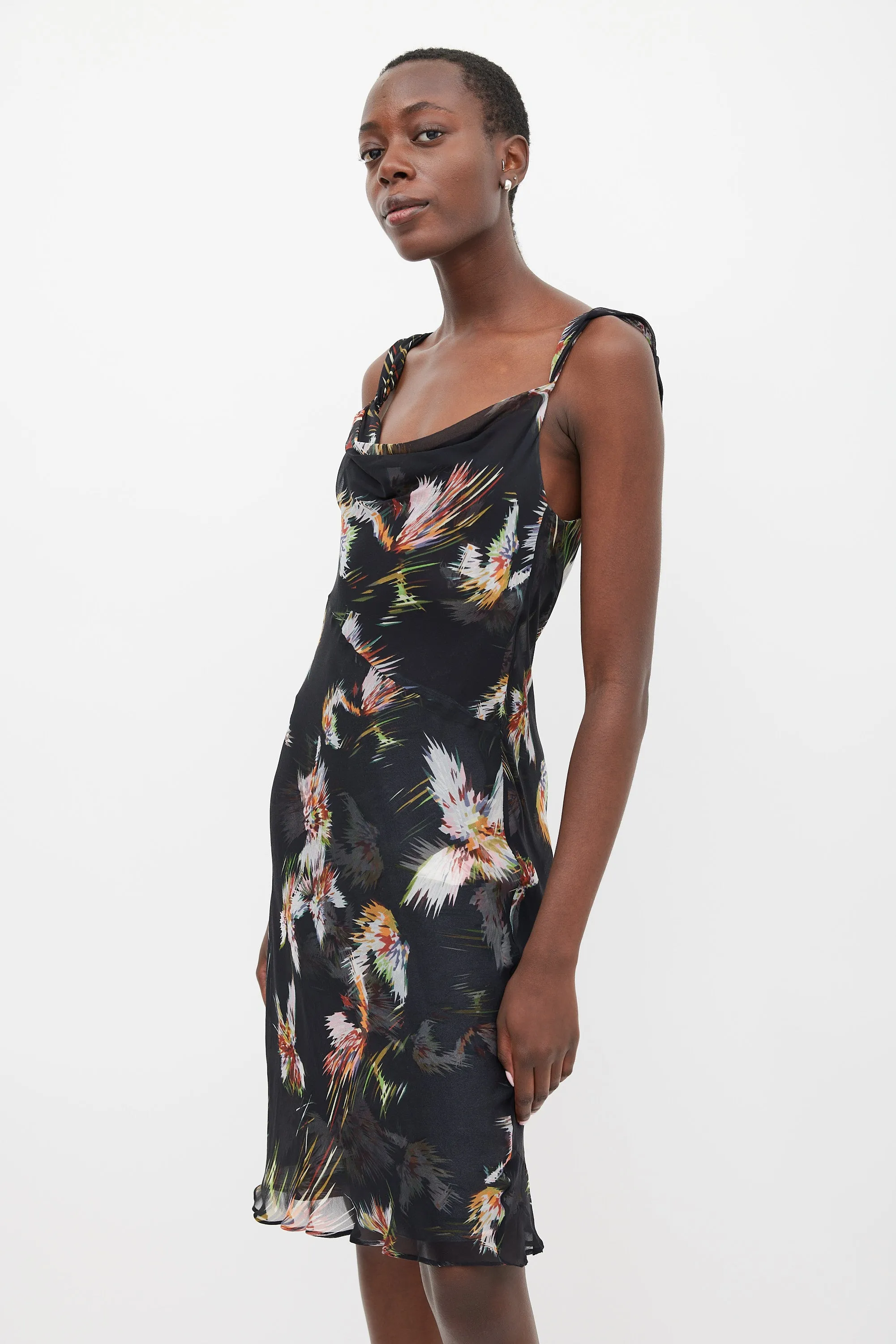 Black & Multicolour Silk Printed Sheer Dress
