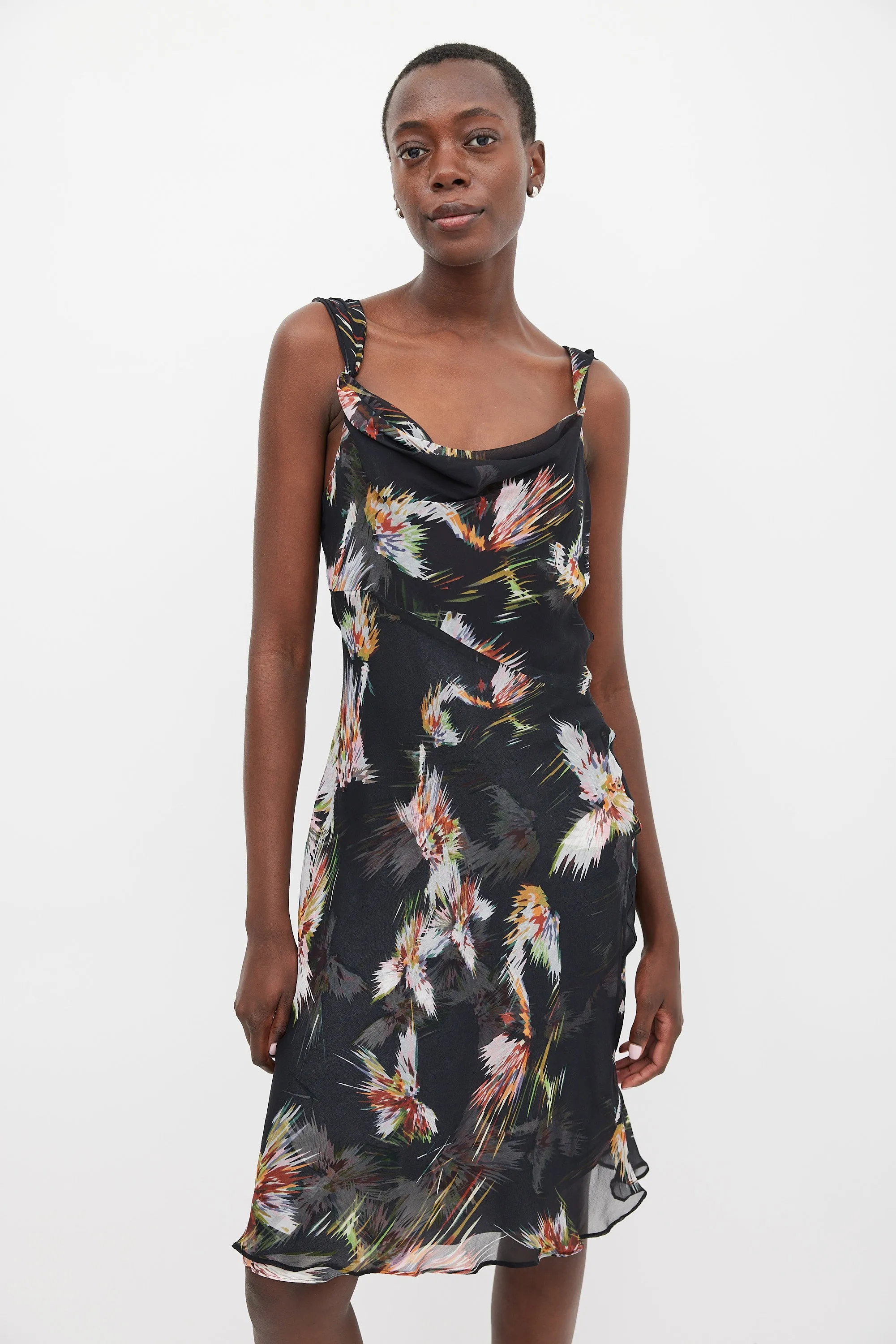 Black & Multicolour Silk Printed Sheer Dress
