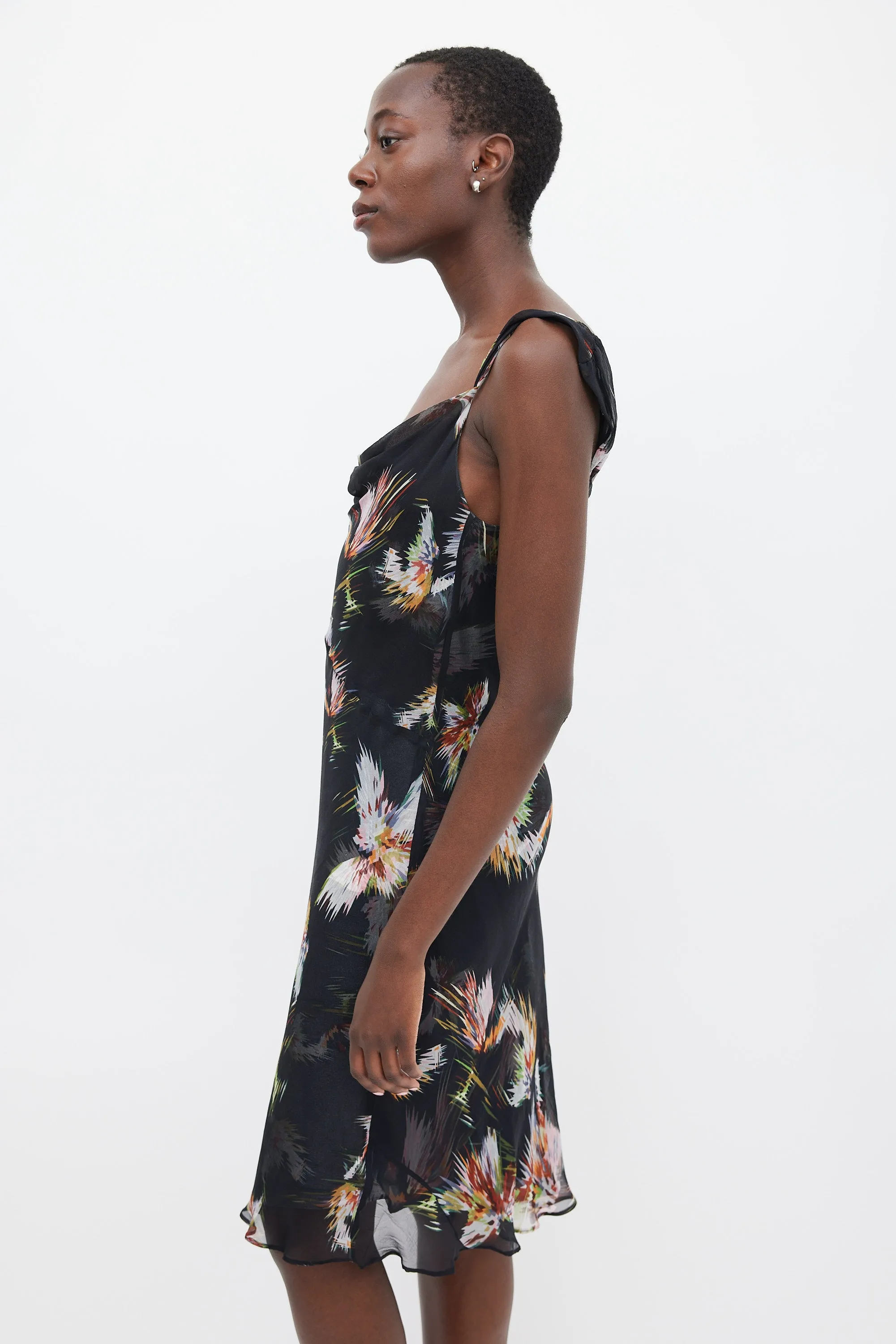 Black & Multicolour Silk Printed Sheer Dress