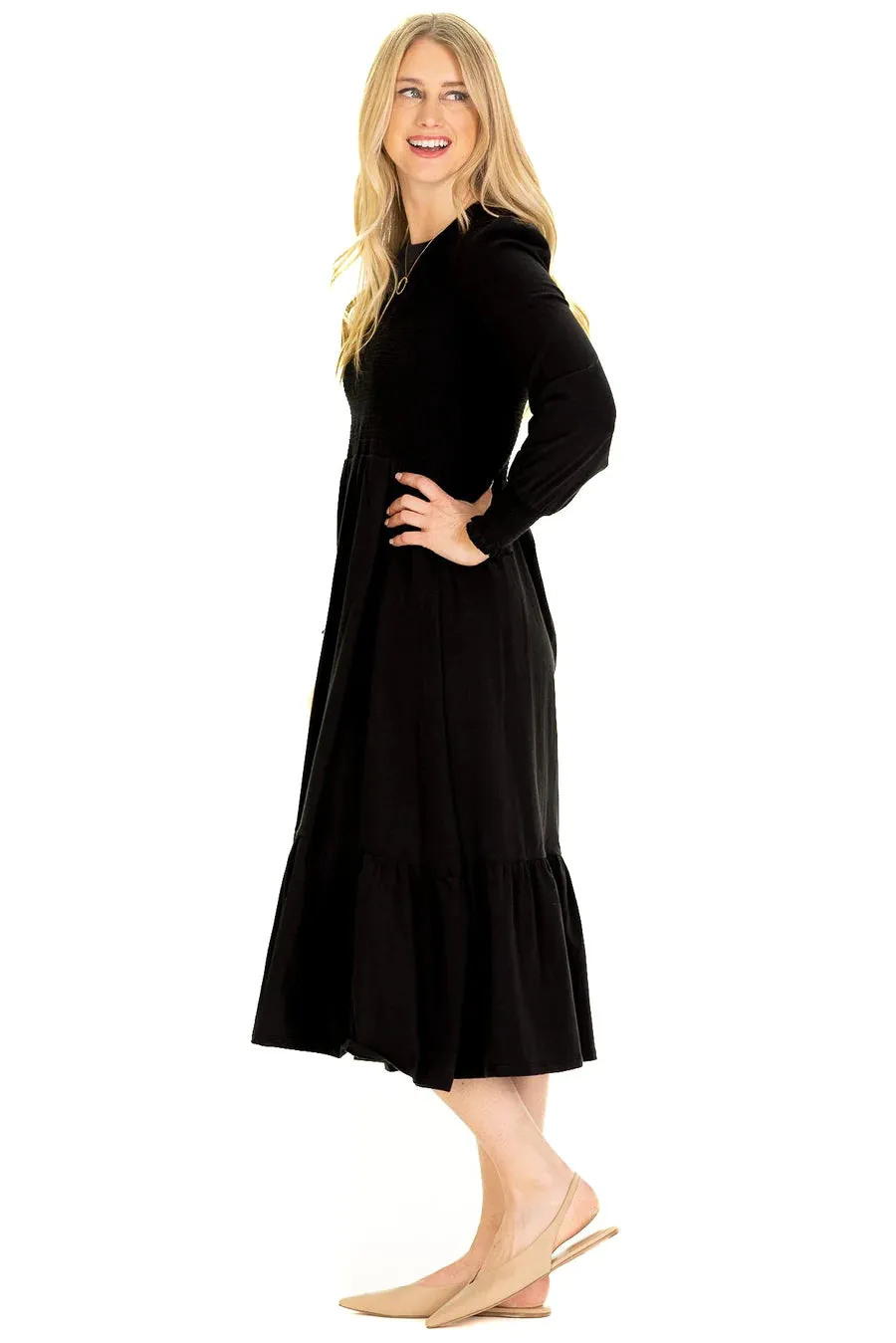 Black Knit Long Sleeved Midi Dress