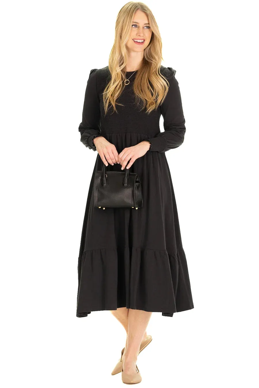 Black Knit Long Sleeved Midi Dress