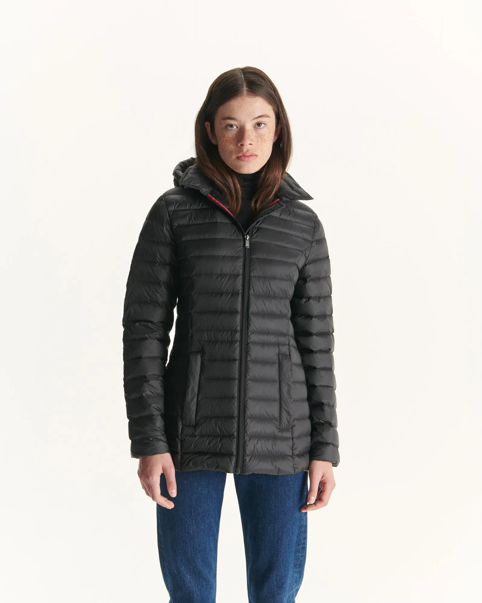 Black Nour 2.0 mid-length hooded puffer jacket
