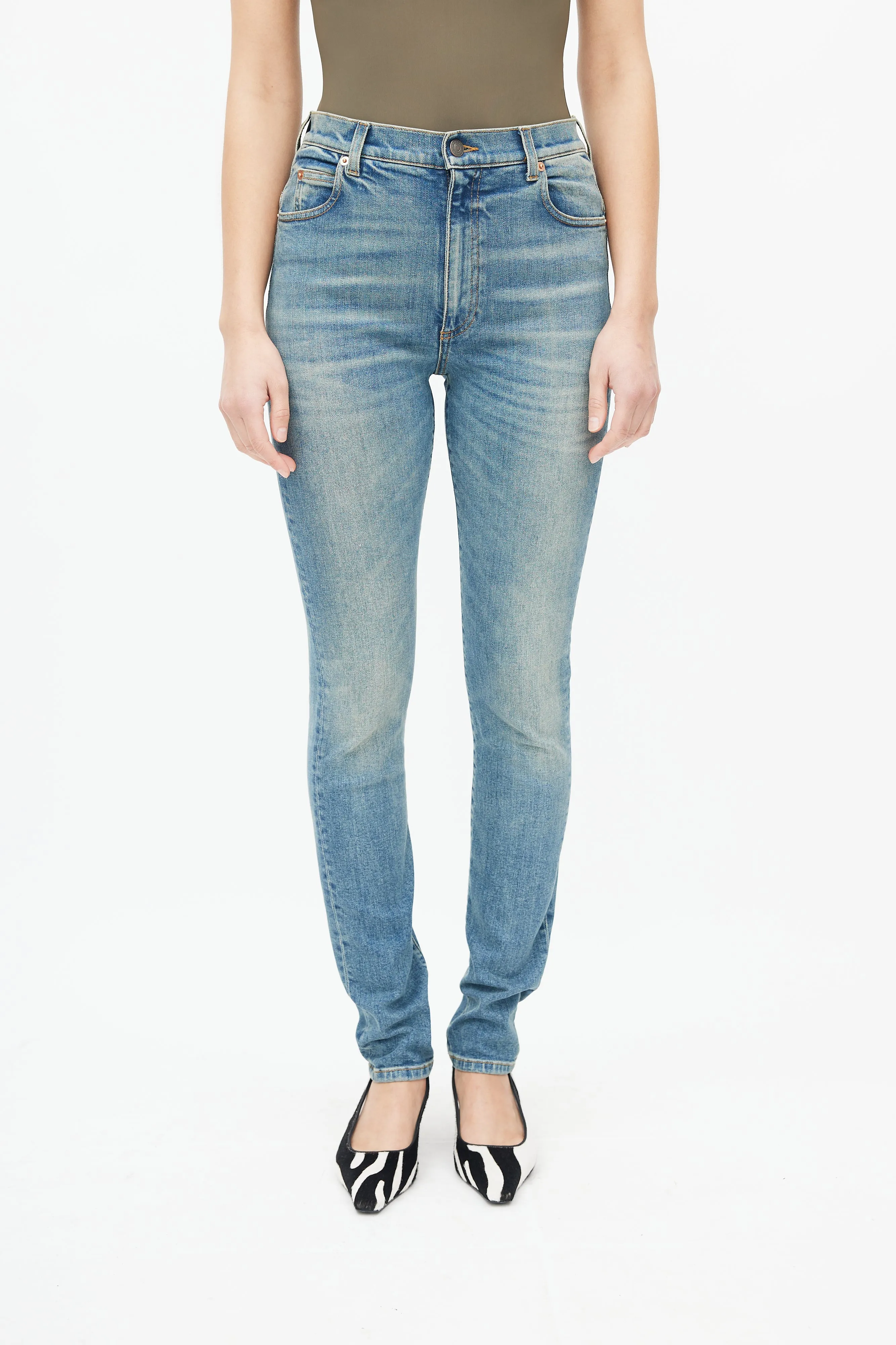 Blue Denim Horsebit Back Pocket Jeans
