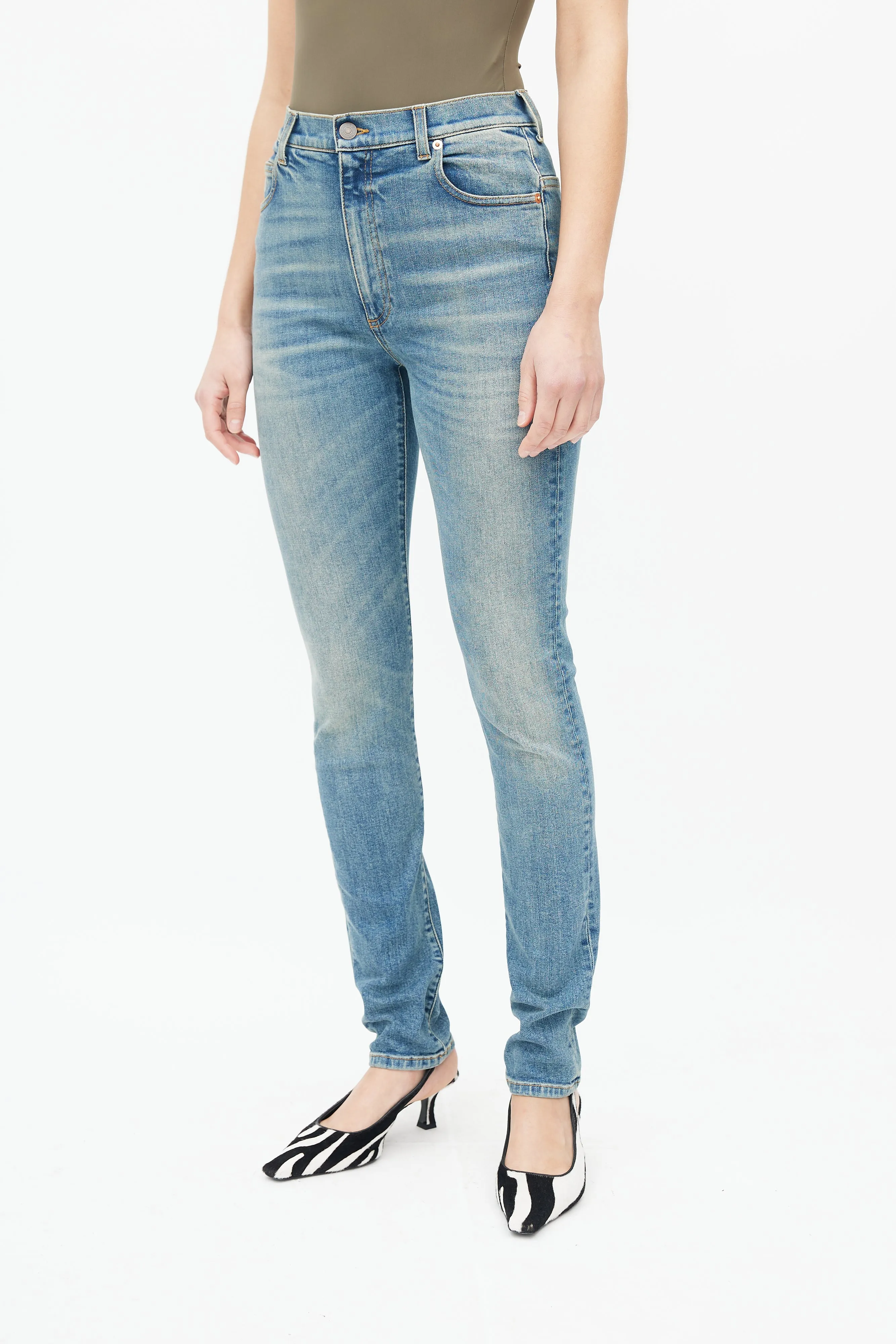 Blue Denim Horsebit Back Pocket Jeans