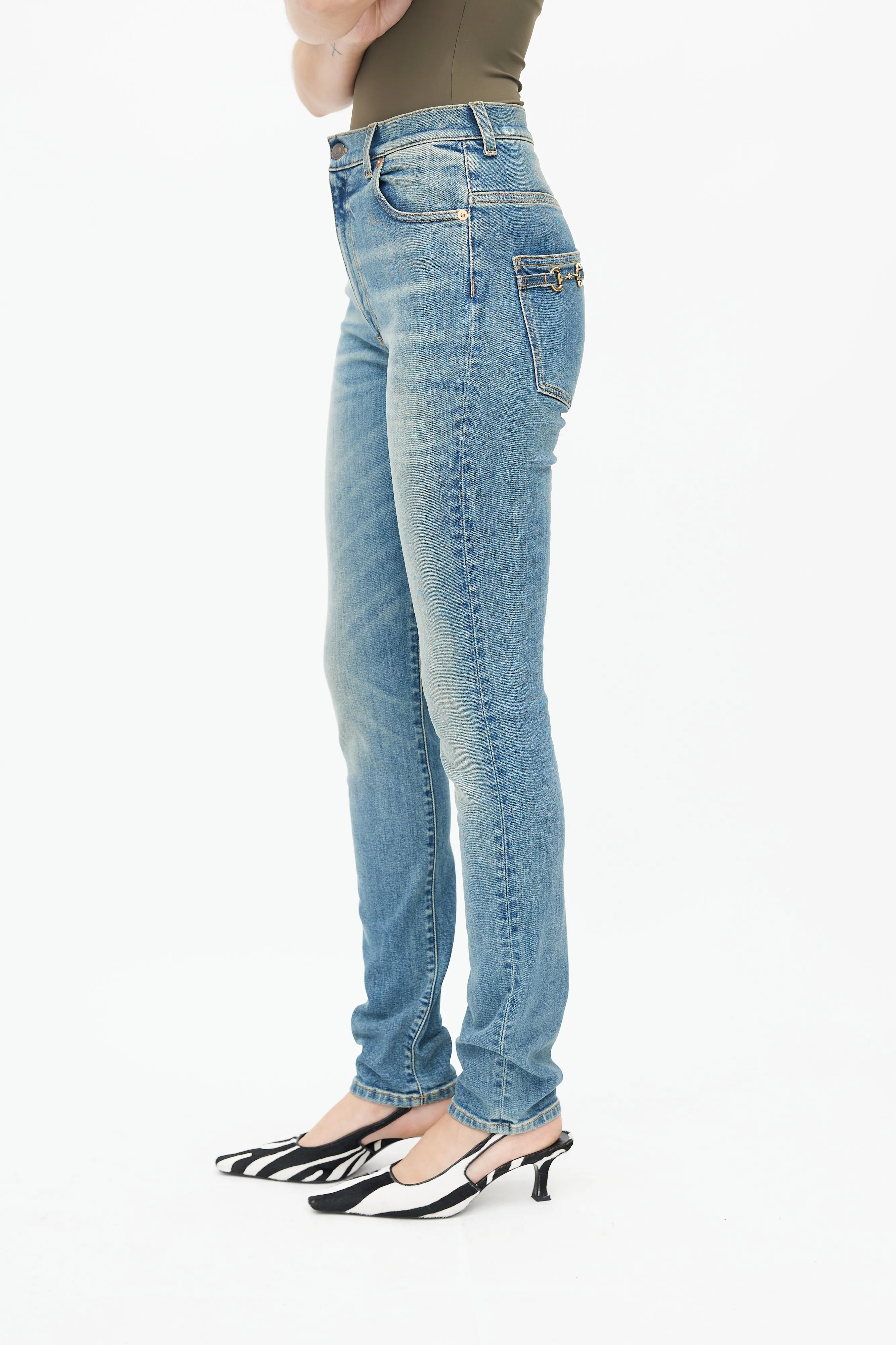 Blue Denim Horsebit Back Pocket Jeans