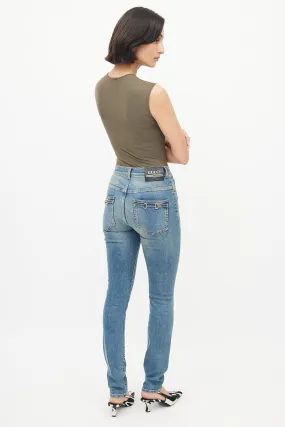 Blue Denim Horsebit Back Pocket Jeans