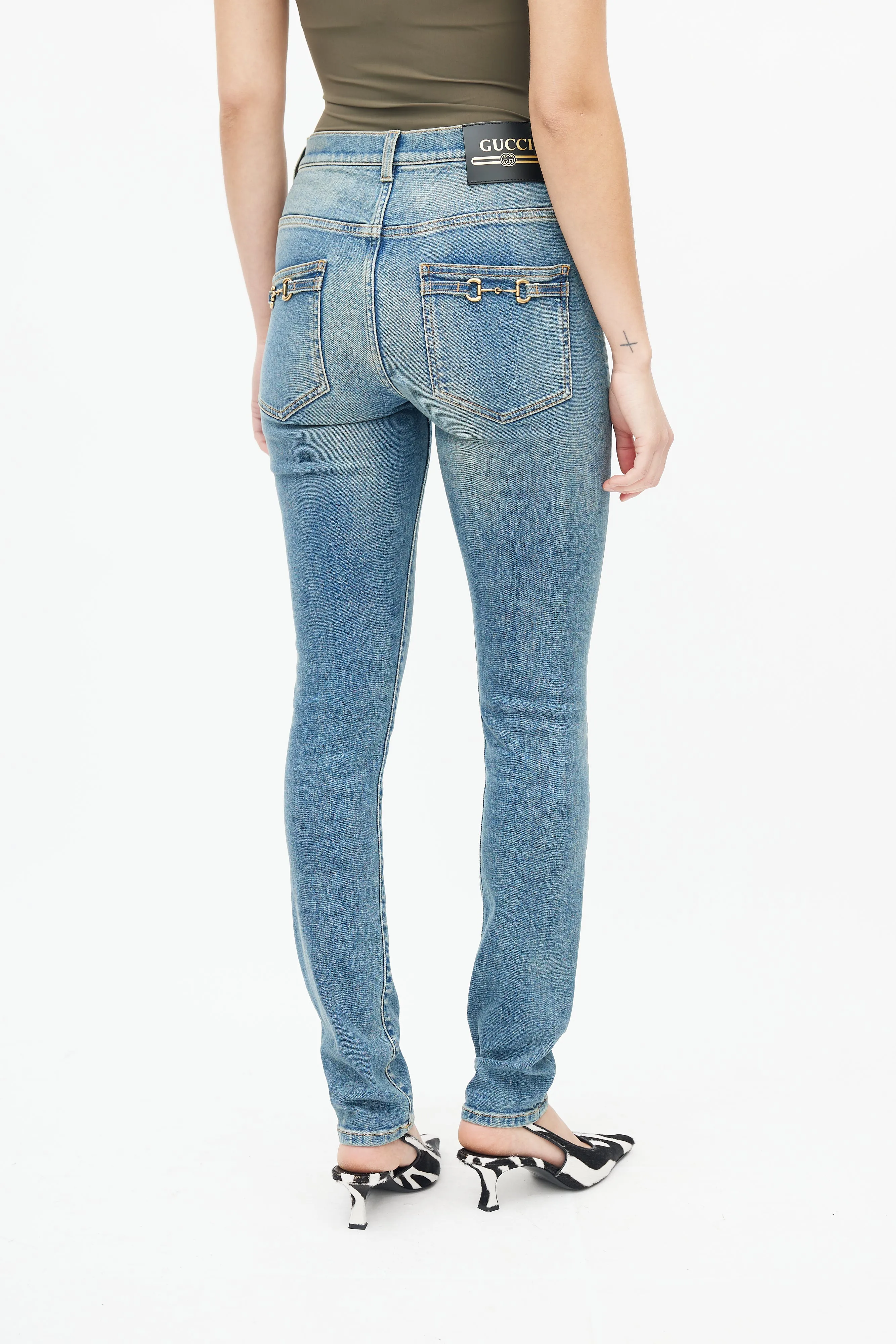 Blue Denim Horsebit Back Pocket Jeans