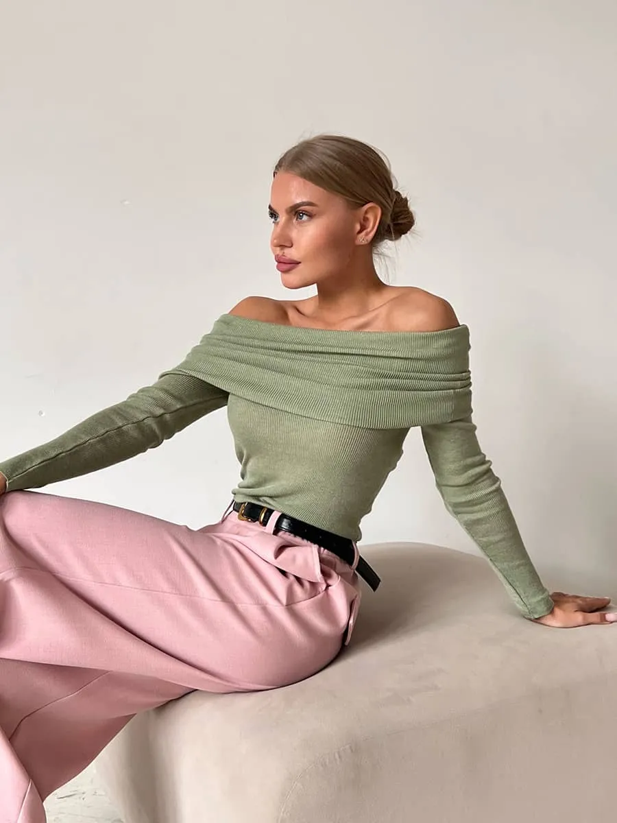 Boat collar long sleeve knitted T-shirt