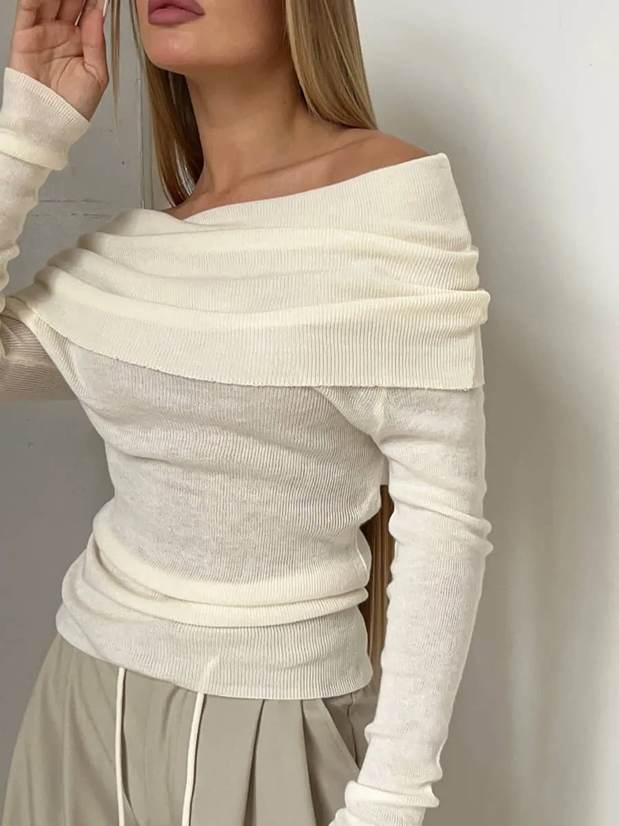 Boat collar long sleeve knitted T-shirt
