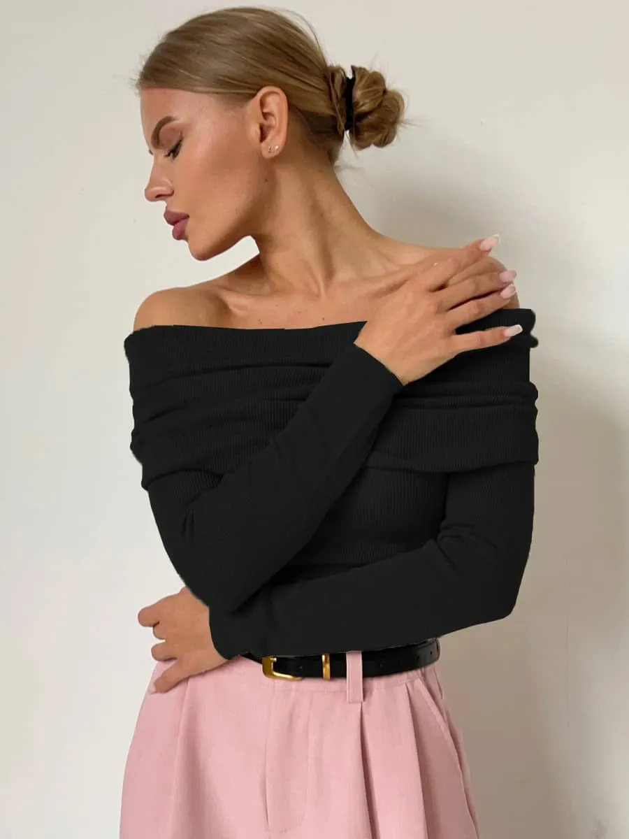 Boat collar long sleeve knitted T-shirt