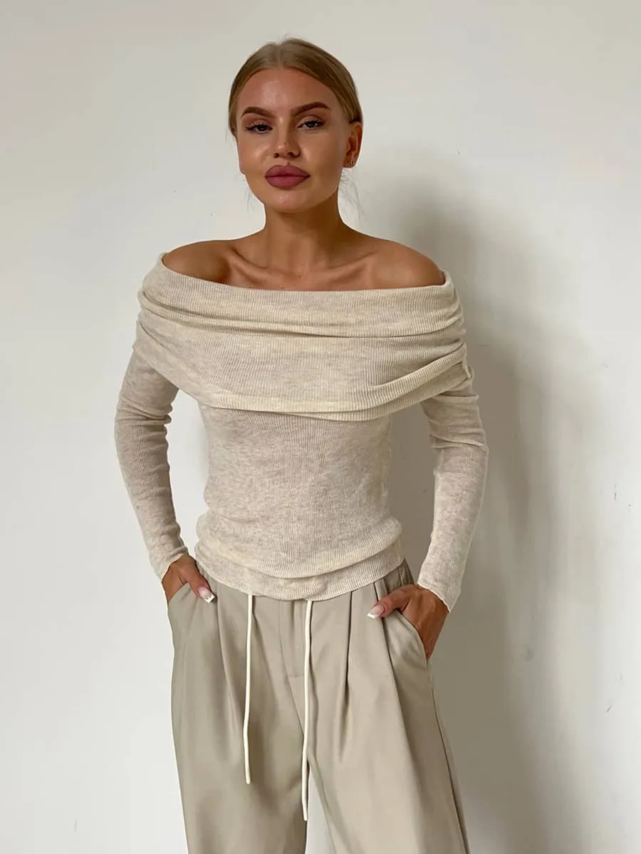 Boat collar long sleeve knitted T-shirt