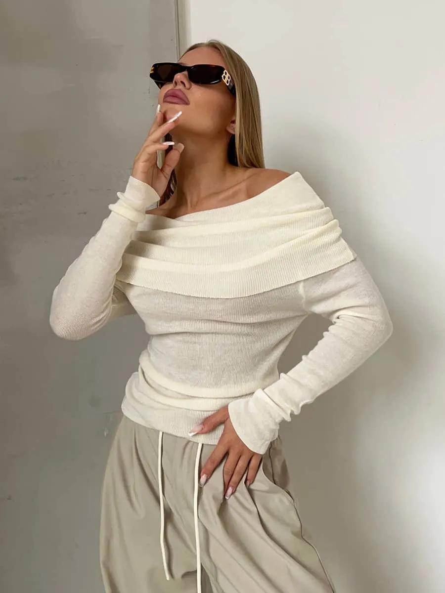 Boat collar long sleeve knitted T-shirt