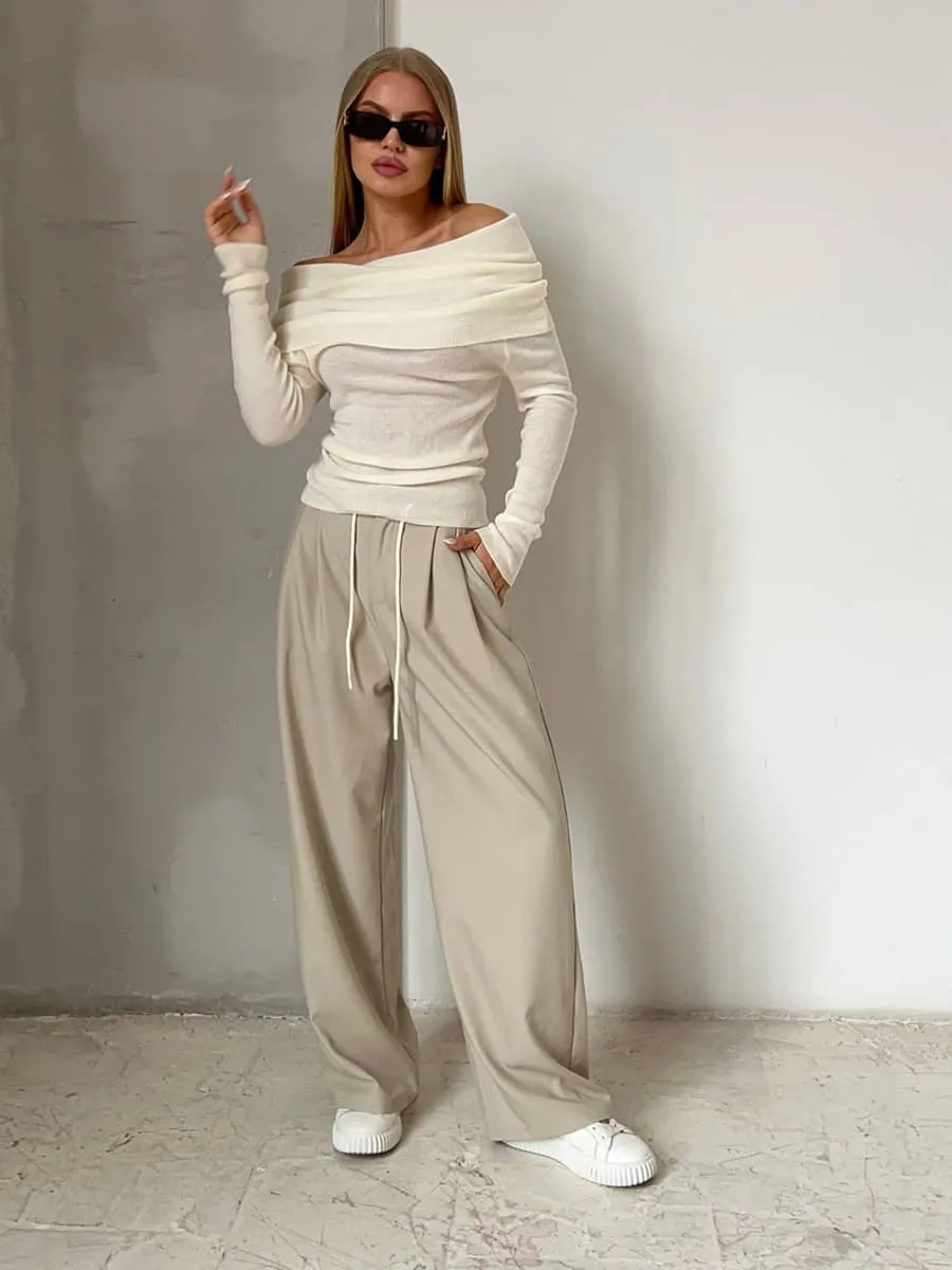 Boat collar long sleeve knitted T-shirt
