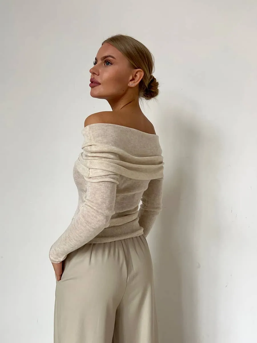 Boat collar long sleeve knitted T-shirt