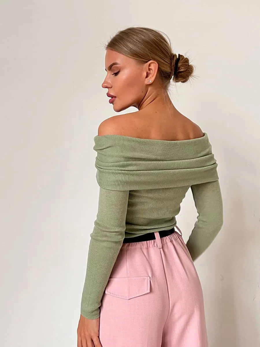 Boat collar long sleeve knitted T-shirt