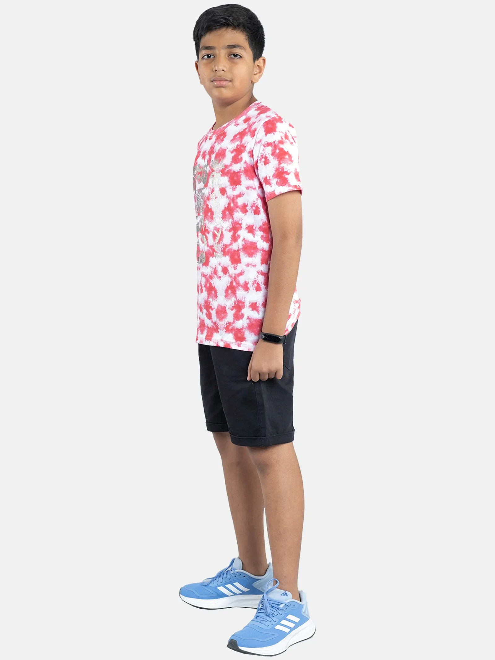 Boys Tie & Dye Printed Tee & Woven Basic Roll up Shorts Sets