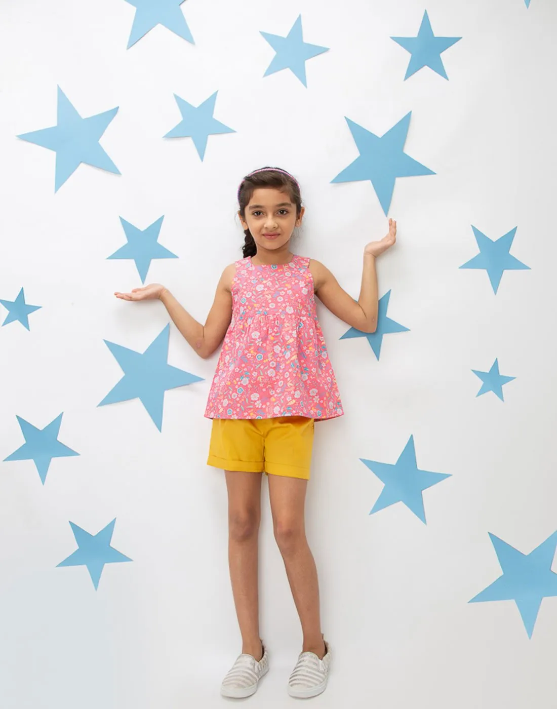 Candy Pink Printed Floral Top With Mustard Shorts
