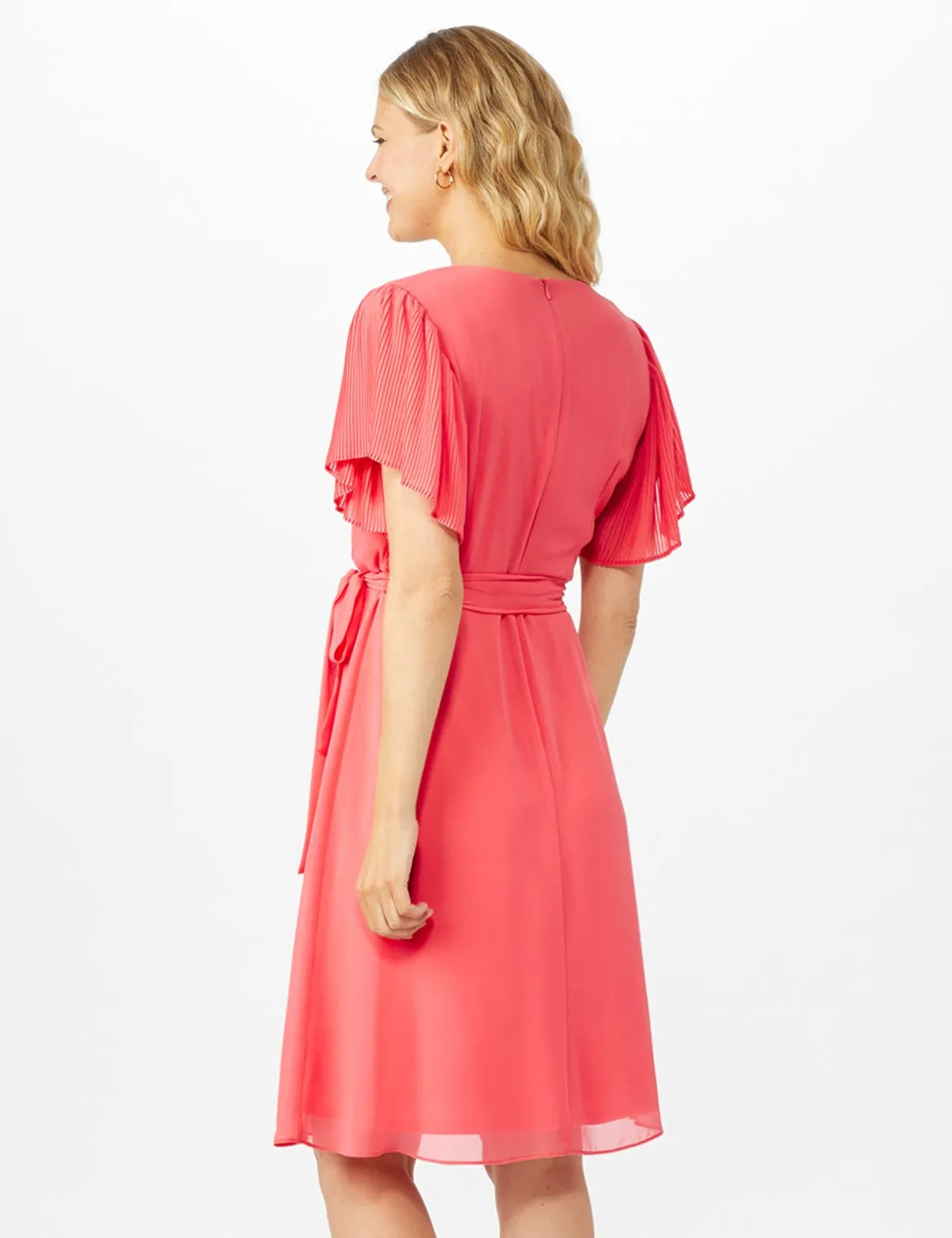 Chiffon Short Pleated Sleeve Dress with Soft Self Fabric Belt